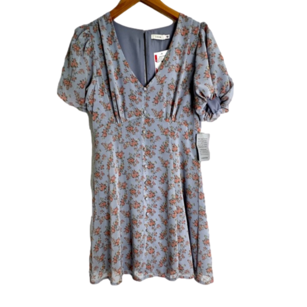 NWT Lush Short-Sleeve Puff Sleeve V-Neck Floral Mini Dress Size Large